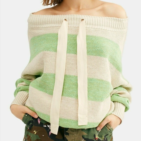 NWOT $148 Free People M Cassidy Off The Shoulder Pullover Knit Sweater Stripe - Picture 1 of 9